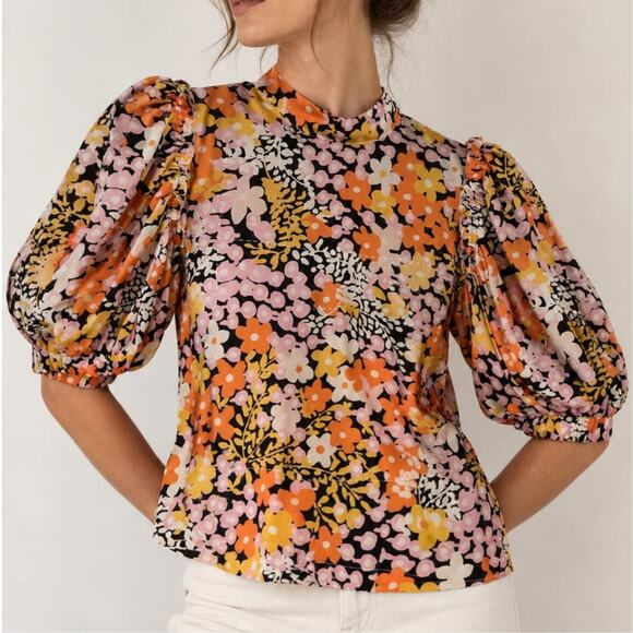 Ted Baker London Tops - Ted Baker Floral Boxy Shirt Puff Sleeve Blouse Prairie High Neck– Size 5 Large